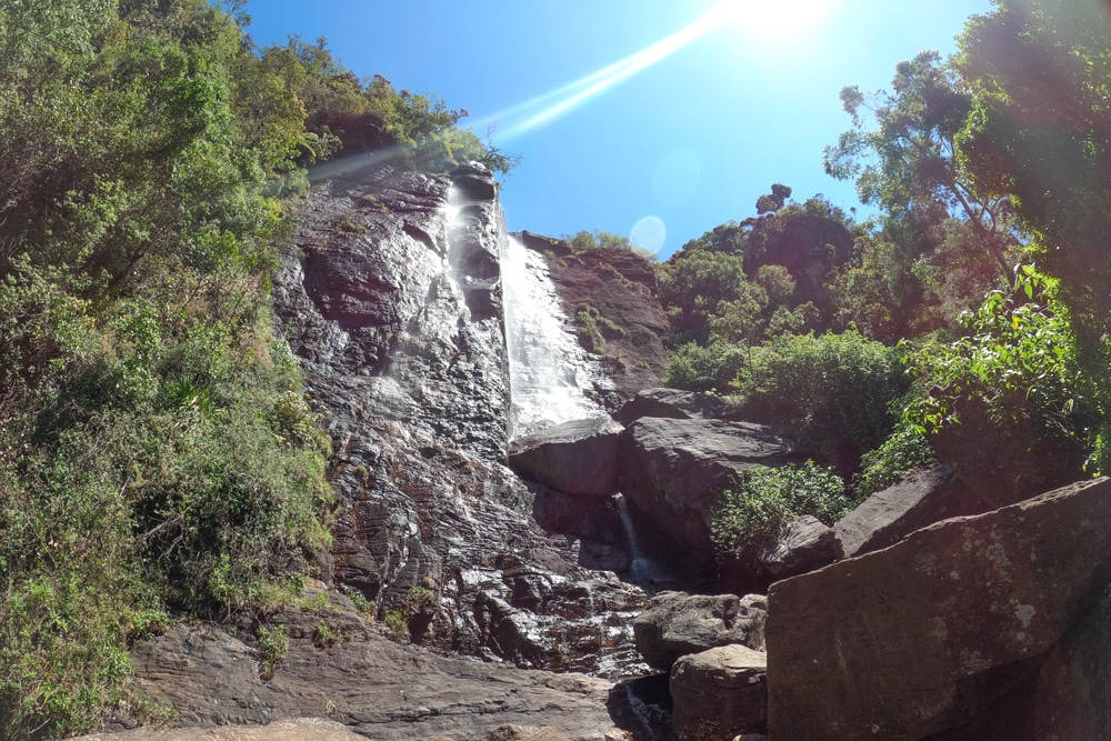 Viewpoint looking up to waterfall in Nuwara Eliya