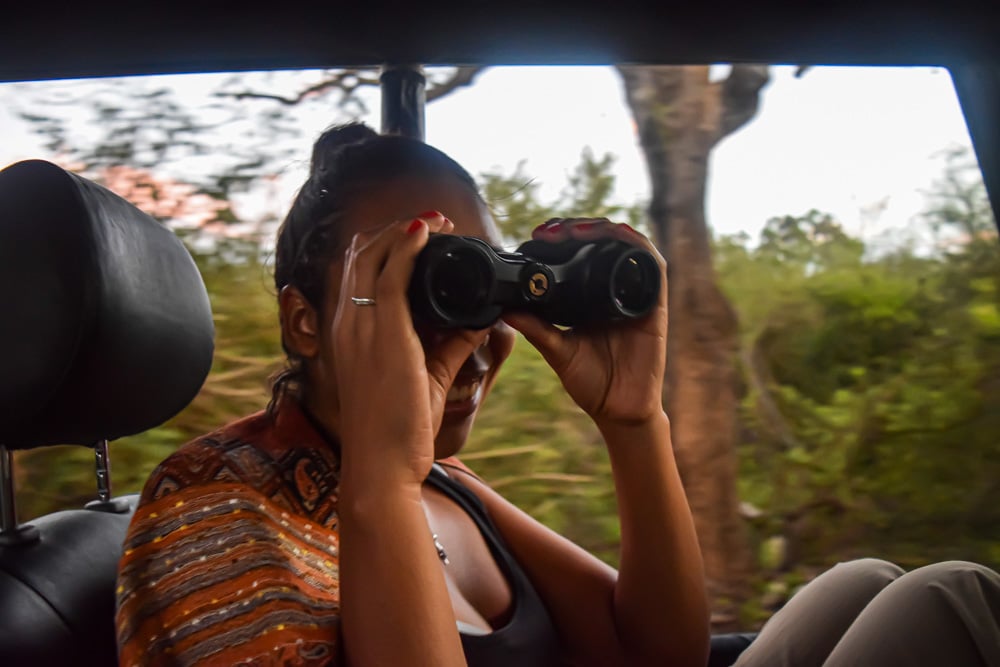 Woman holding binoculars to her face on safari