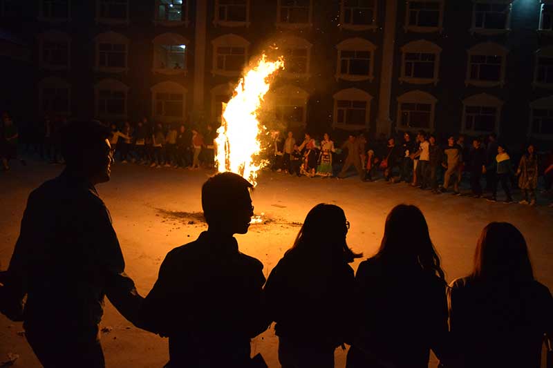 A large group of people dancing around a fire. Is travelling a hobby? maybe