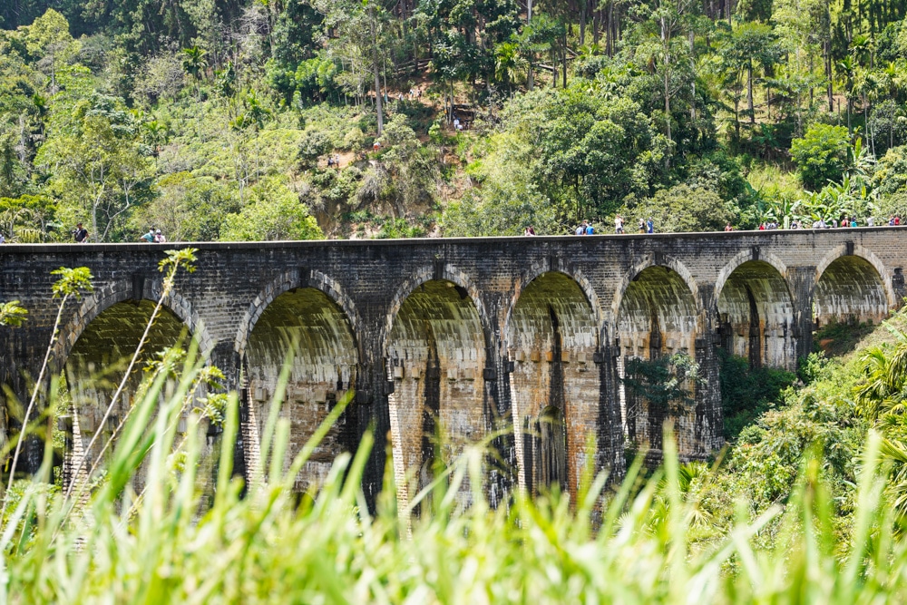 Grassy area in focus with nine arch bridge in the background